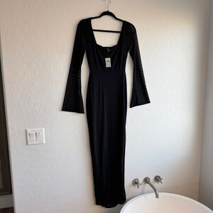 NWT Windsor M Black Mesh Bell Sleeve Maxi Dress Square Neck Slit Formal Gown Y2K